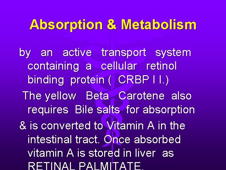 Absorption & Metabolism by an active transport system containing a cellular retinol binding protein