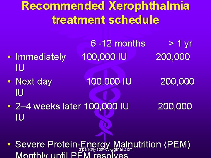 Recommended Xerophthalmia treatment schedule 6 -12 months 100, 000 IU • Immediately IU •