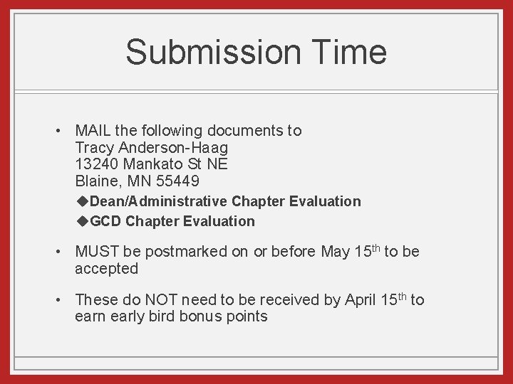 Submission Time • MAIL the following documents to Tracy Anderson-Haag 13240 Mankato St NE