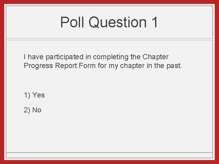 Poll Question 1 I have participated in completing the Chapter Progress Report Form for