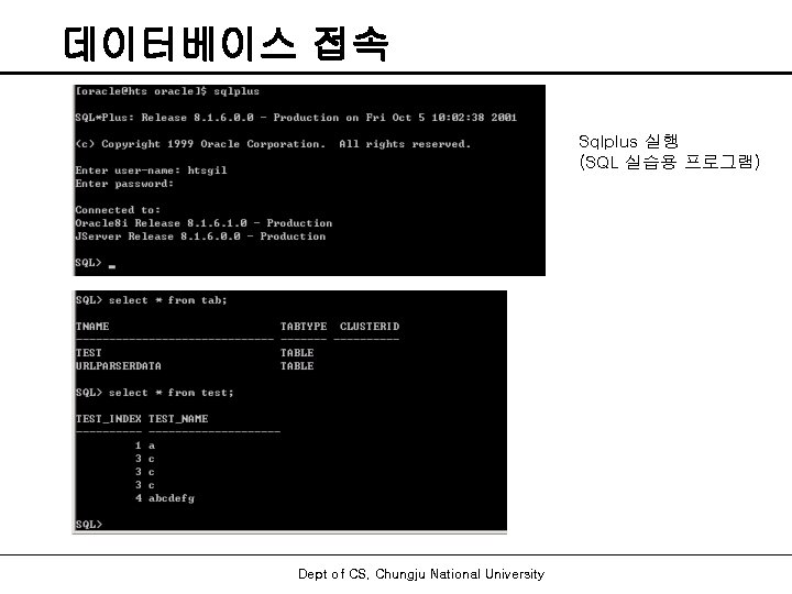 데이터베이스 접속 Sqlplus 실행 (SQL 실습용 프로그램) Dept of CS, Chungju National University 