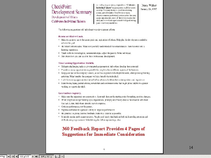 360 Feedback Report Provides 4 Pages of Suggestions for Immediate Consideration 14 