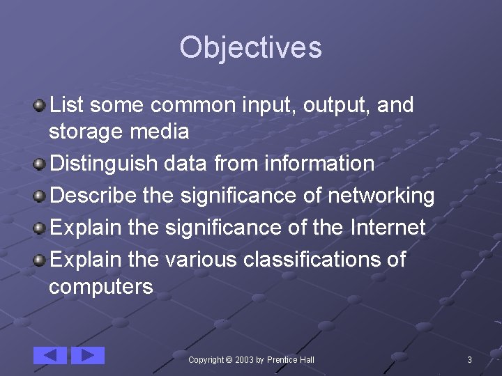Objectives List some common input, output, and storage media Distinguish data from information Describe