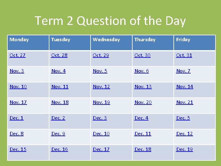 Term 2 Question of the Day Monday Tuesday Wednesday Thursday Friday Oct. 27 Oct.