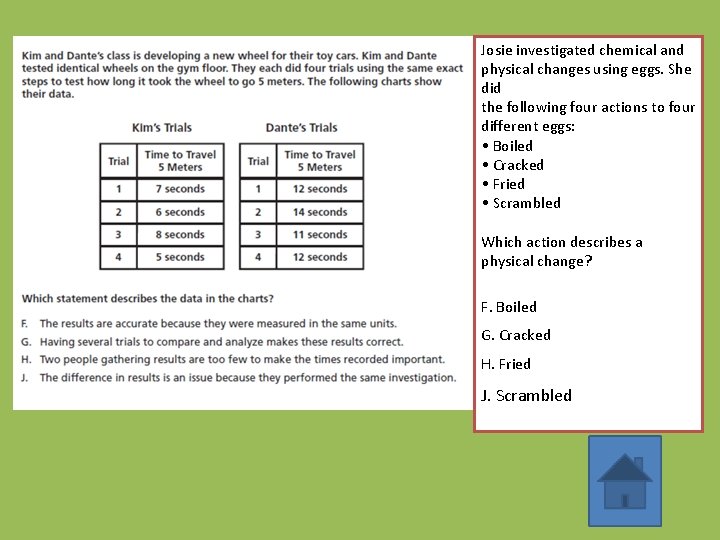 Josie investigated chemical and physical changes using eggs. She did the following four actions