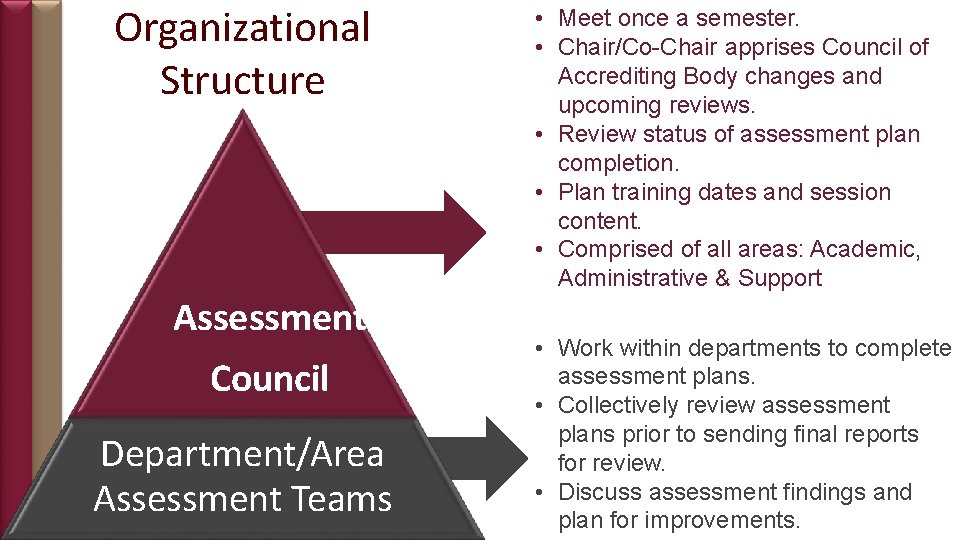 Organizational Structure Assessment Council Department/Area Assessment Teams • Meet once a semester. • Chair/Co-Chair