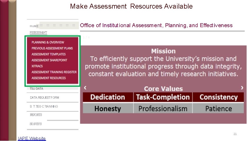 Make Assessment Resources Available Ho. ME = = = = Office of Institutional Assessment,