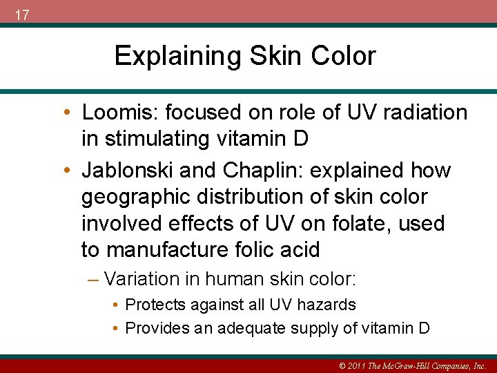17 Explaining Skin Color • Loomis: focused on role of UV radiation in stimulating