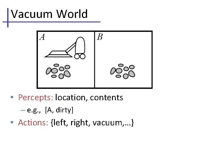 Vacuum World • Percepts: location, contents – e. g. , [A, dirty] • Actions: