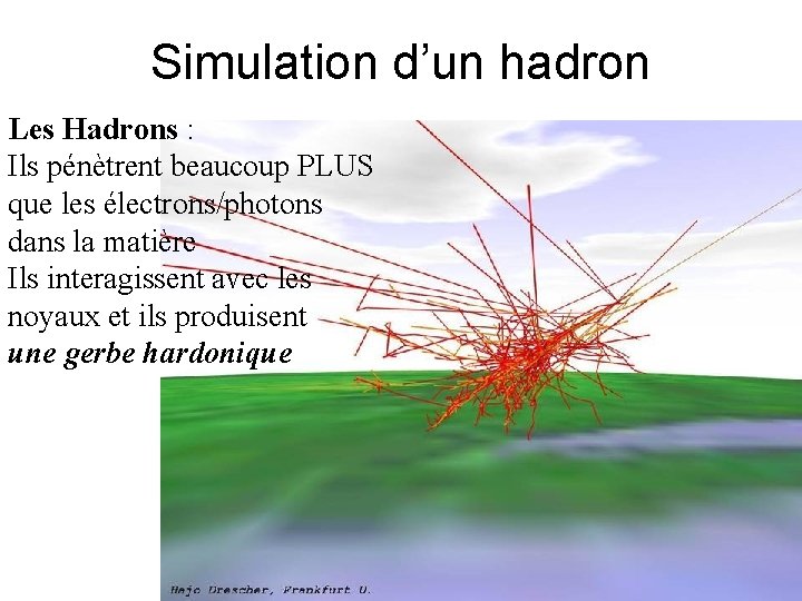 Simulation d’un hadron Les Hadrons : Ils pénètrent beaucoup PLUS que les électrons/photons dans