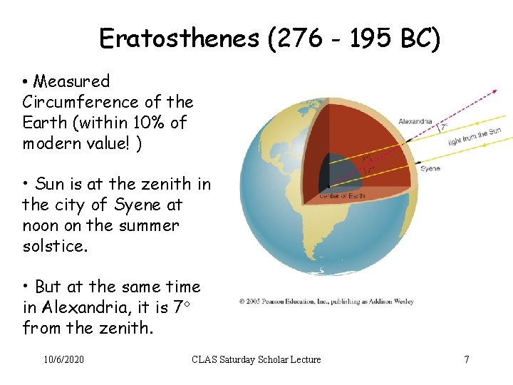 Eratosthenes (276 - 195 BC) • Measured Circumference of the Earth (within 10% of
