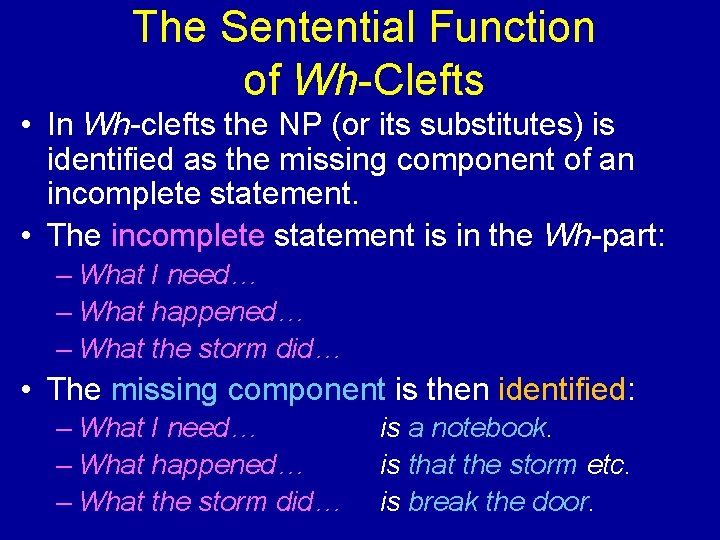 The Sentential Function of Wh-Clefts • In Wh-clefts the NP (or its substitutes) is