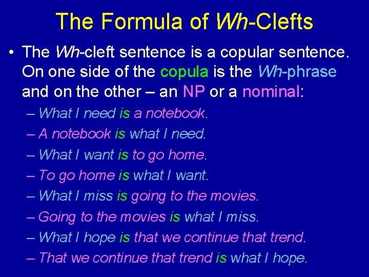 The Formula of Wh-Clefts • The Wh-cleft sentence is a copular sentence. On one