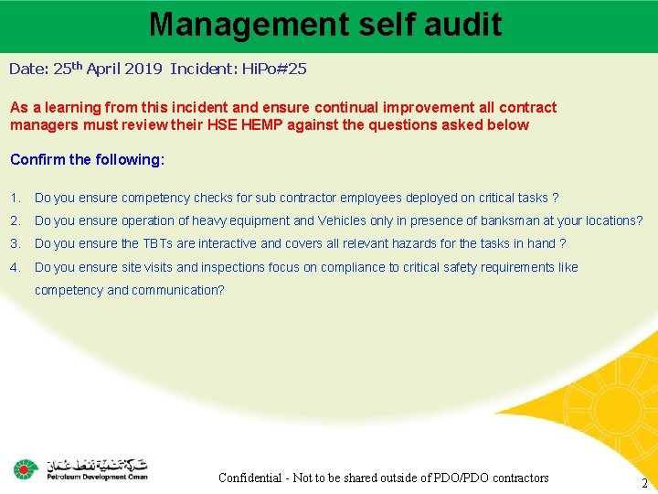 Management self audit Main contractor name – LTI# - Date of incident Date: 25