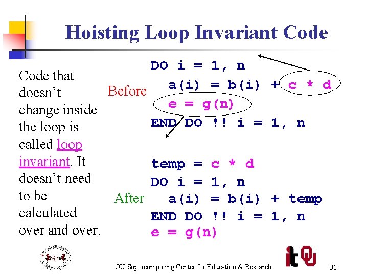 Hoisting Loop Invariant Code DO i = 1, n Code that a(i) = b(i)