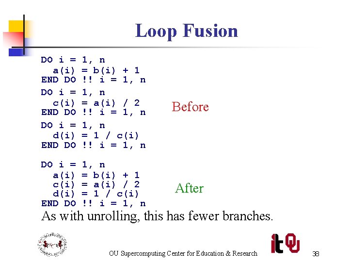 Loop Fusion DO i = a(i) END DO DO i = c(i) END DO