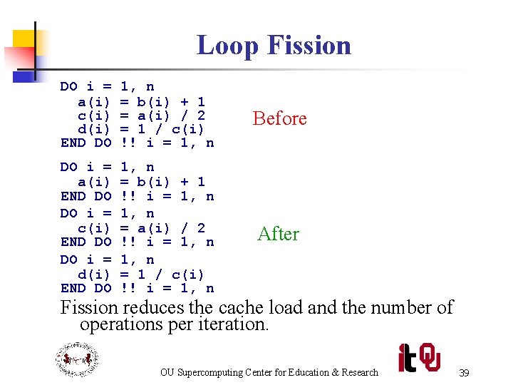 Loop Fission DO i = a(i) c(i) d(i) END DO 1, n = b(i)