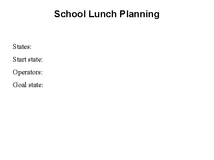 School Lunch Planning States: Start state: Operators: Goal state: 