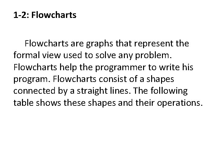 1 -2: Flowcharts are graphs that represent the formal view used to solve any