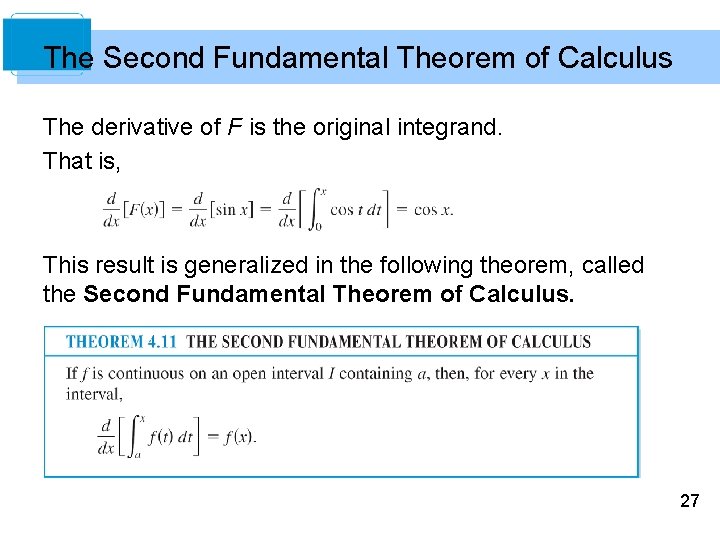The Second Fundamental Theorem of Calculus The derivative of F is the original integrand.