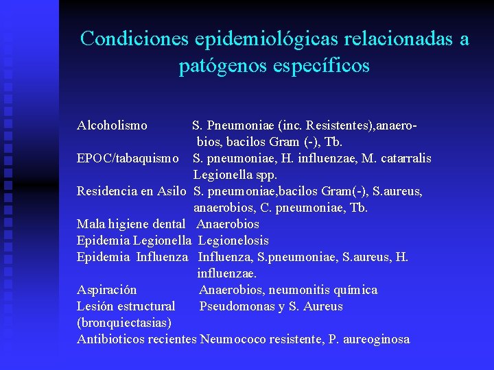 Condiciones epidemiológicas relacionadas a patógenos específicos Alcoholismo S. Pneumoniae (inc. Resistentes), anaerobios, bacilos Gram