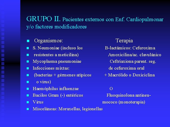 GRUPO II. Pacientes externos con Enf. Cardiopulmonar y/o factores modificadores n n n Organismos: