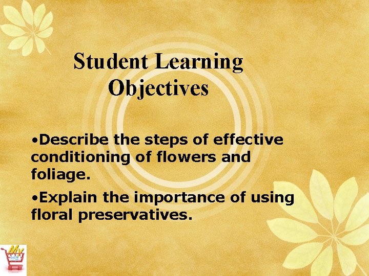 Student Learning Objectives • Describe the steps of effective conditioning of flowers and foliage.