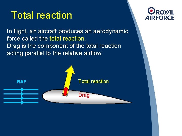 Total reaction In flight, an aircraft produces an aerodynamic force called the total reaction.
