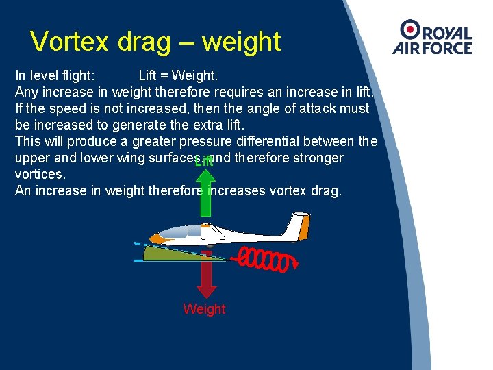 Vortex drag – weight In level flight: Lift = Weight. Any increase in weight