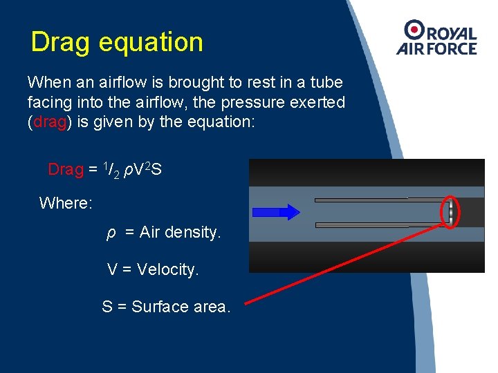 Drag equation When an airflow is brought to rest in a tube facing into