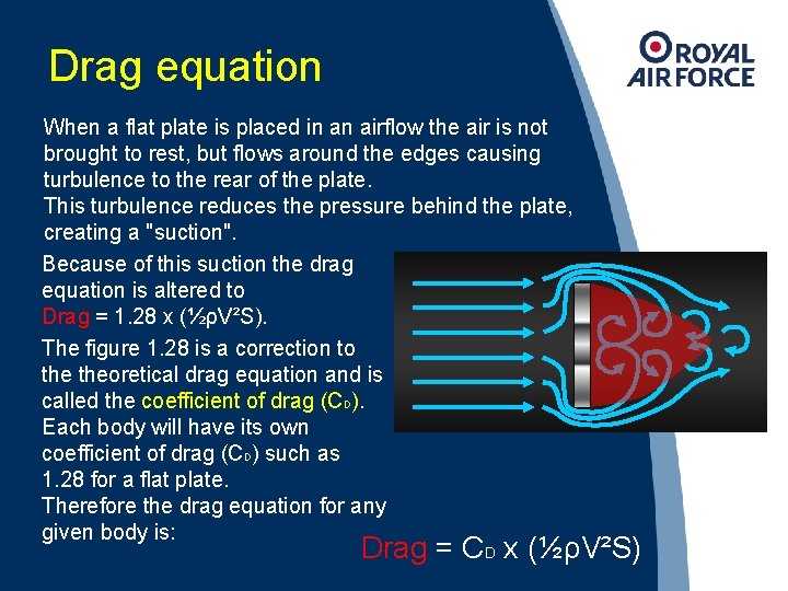 Drag equation When a flat plate is placed in an airflow the air is