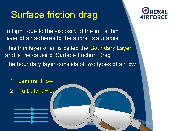 Surface friction drag In flight, due to the viscosity of the air, a thin