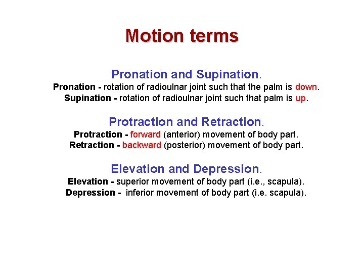 Motion terms Pronation and Supination. Pronation - rotation of radioulnar joint such that the