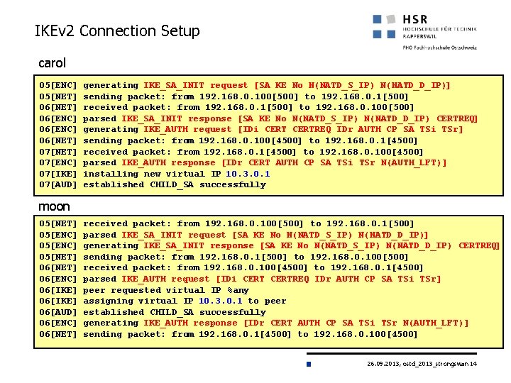 IKEv 2 Connection Setup carol 05[ENC] 05[NET] 06[ENC] 06[NET] 07[ENC] 07[IKE] 07[AUD] generating IKE_SA_INIT