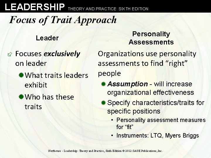 LEADERSHIP THEORY AND PRACTICE SIXTH EDITION 12 Focus of Trait Approach Leader ÷ Focuses