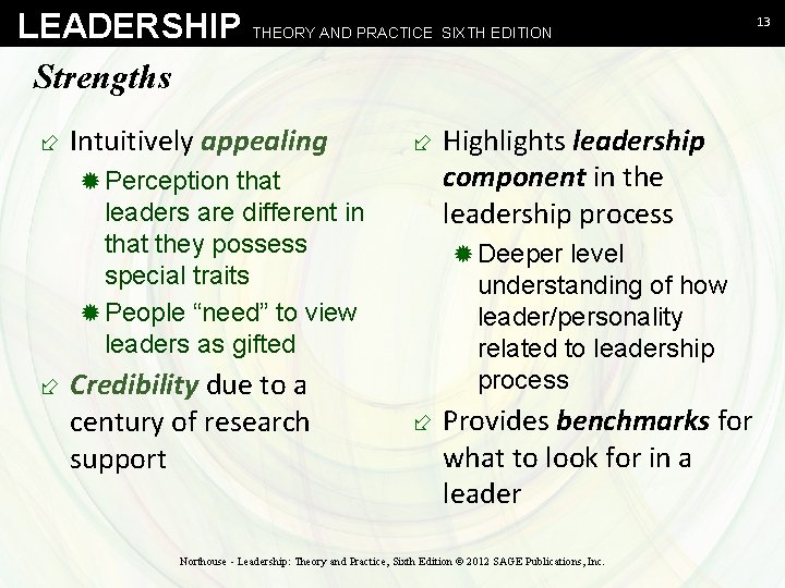 LEADERSHIP THEORY AND PRACTICE SIXTH EDITION Strengths ÷ Intuitively appealing ® Perception that leaders