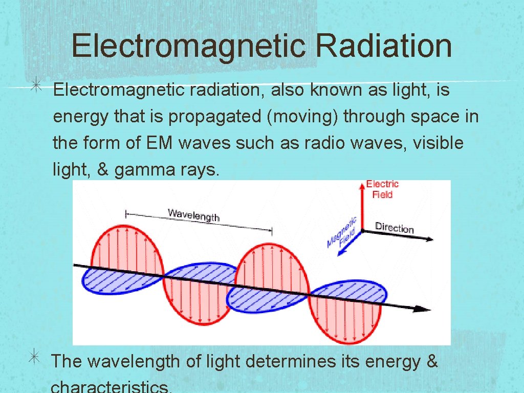 Electromagnetic Radiation Electromagnetic radiation, also known as light, is energy that is propagated (moving)