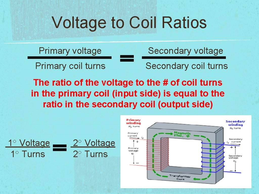 Voltage to Coil Ratios Primary voltage Secondary voltage Primary coil turns Secondary coil turns