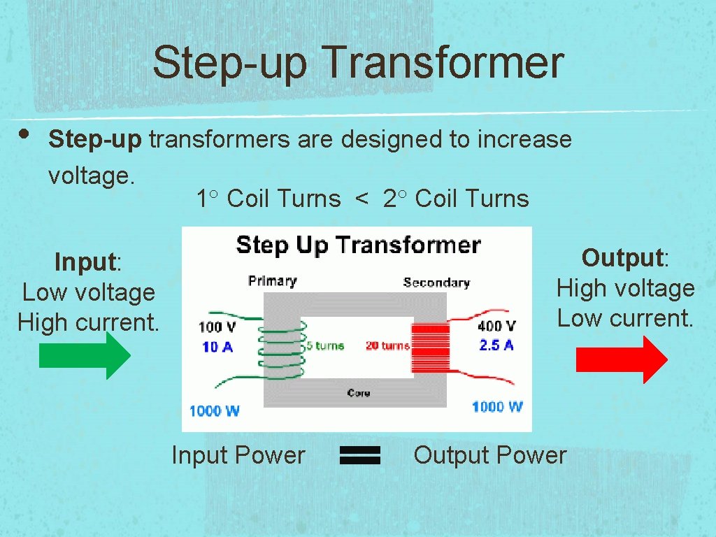 Step-up Transformer • Step-up transformers are designed to increase voltage. 1° Coil Turns <