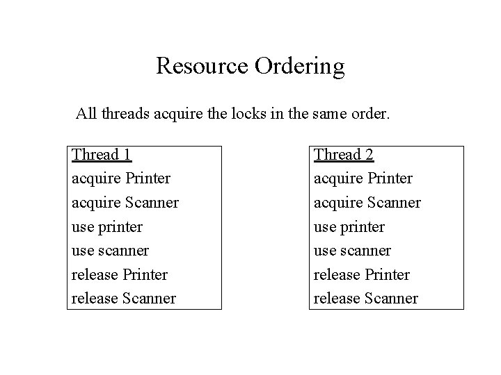 Resource Ordering All threads acquire the locks in the same order. Thread 1 acquire