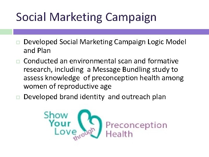 Social Marketing Campaign Developed Social Marketing Campaign Logic Model and Plan Conducted an environmental