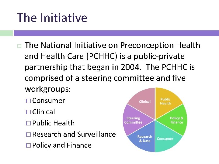 The Initiative The National Initiative on Preconception Health and Health Care (PCHHC) is a