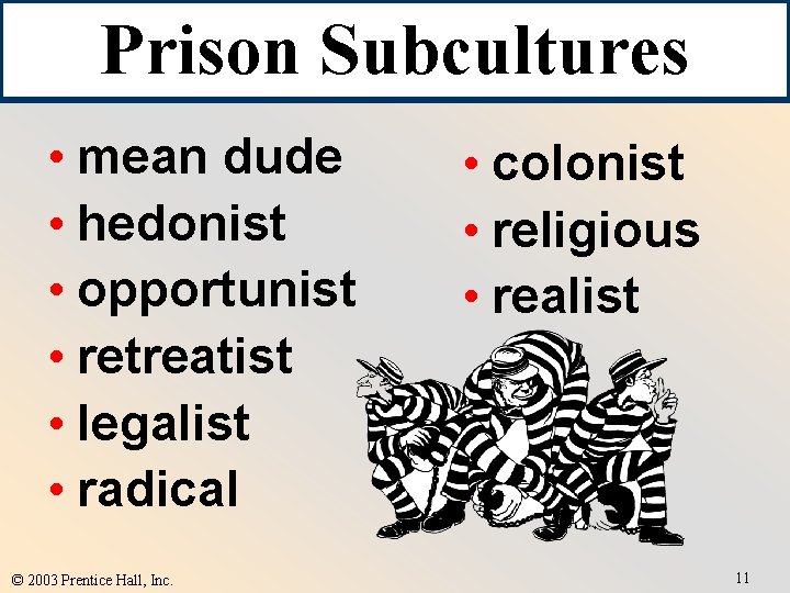 Prison Subcultures • mean dude • hedonist • opportunist • retreatist • legalist •