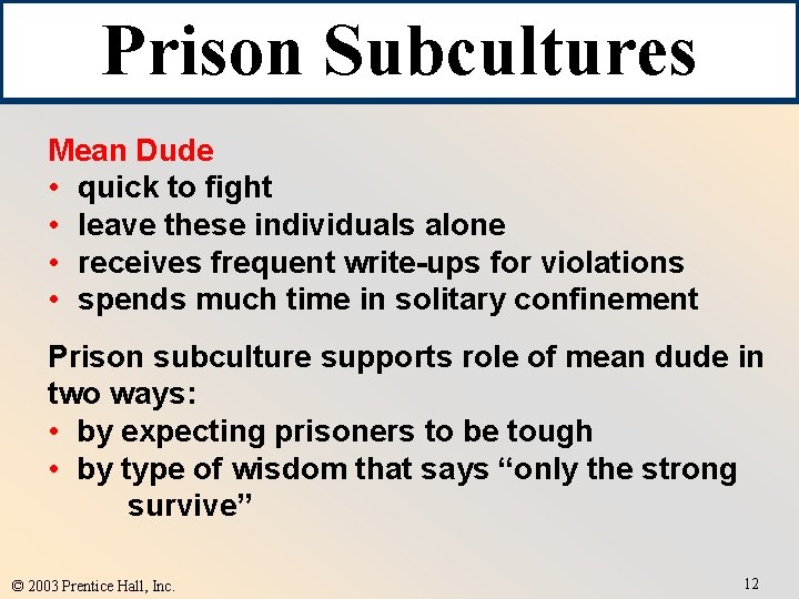 Prison Subcultures Mean Dude • quick to fight • leave these individuals alone •