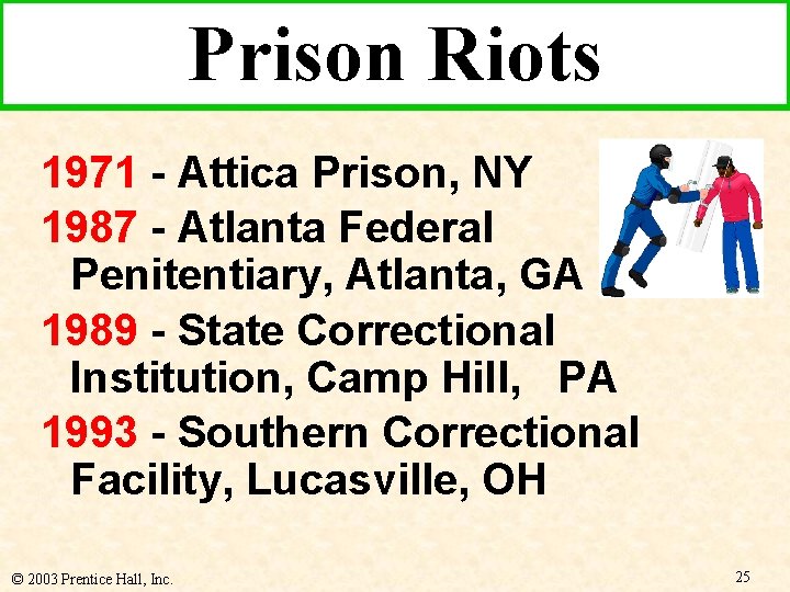 Prison Riots 1971 - Attica Prison, NY 1987 - Atlanta Federal Penitentiary, Atlanta, GA