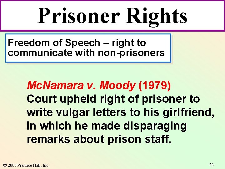 Prisoner Rights Freedom of Speech – right to communicate with non-prisoners Mc. Namara v.