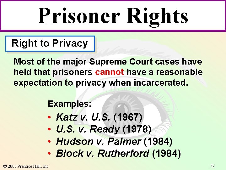 Prisoner Rights Right to Privacy Most of the major Supreme Court cases have held