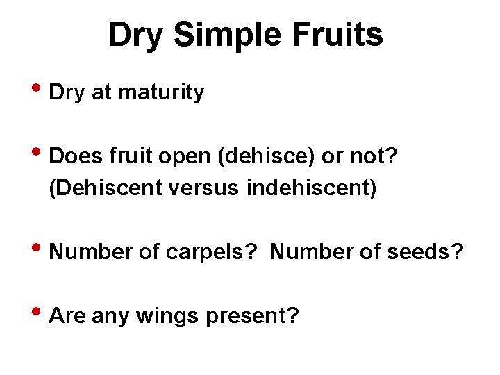 Dry Simple Fruits • Dry at maturity • Does fruit open (dehisce) or not?