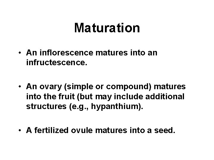 Maturation • An inflorescence matures into an infructescence. • An ovary (simple or compound)