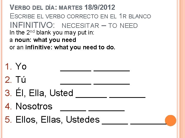 VERBO DEL DÍA: MARTES 18/9/2012 ESCRIBE EL VERBO CORRECTO EN EL 1 R BLANCO.